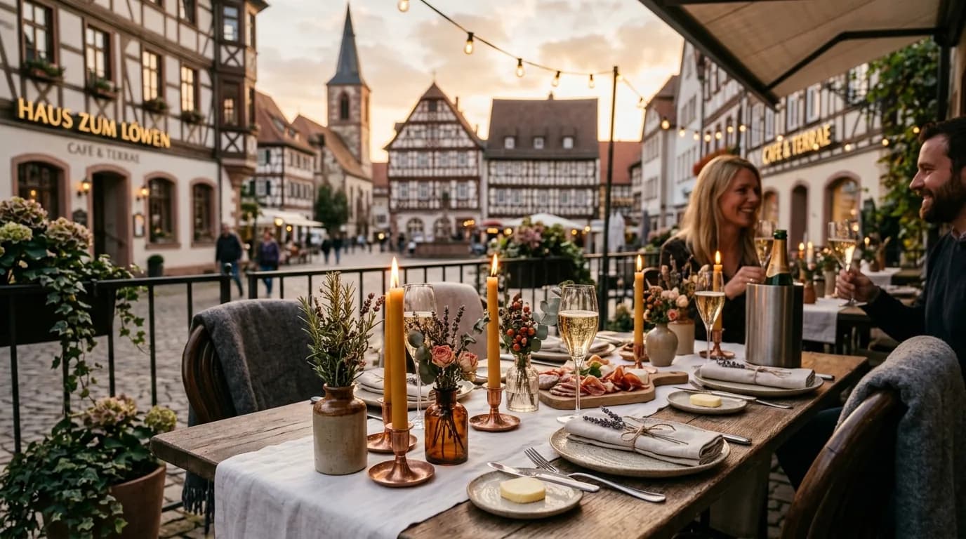 Festlich gedeckter Tisch mit Kerzen und Sektgläsern auf der Café-Terrasse bei Sonnenuntergang