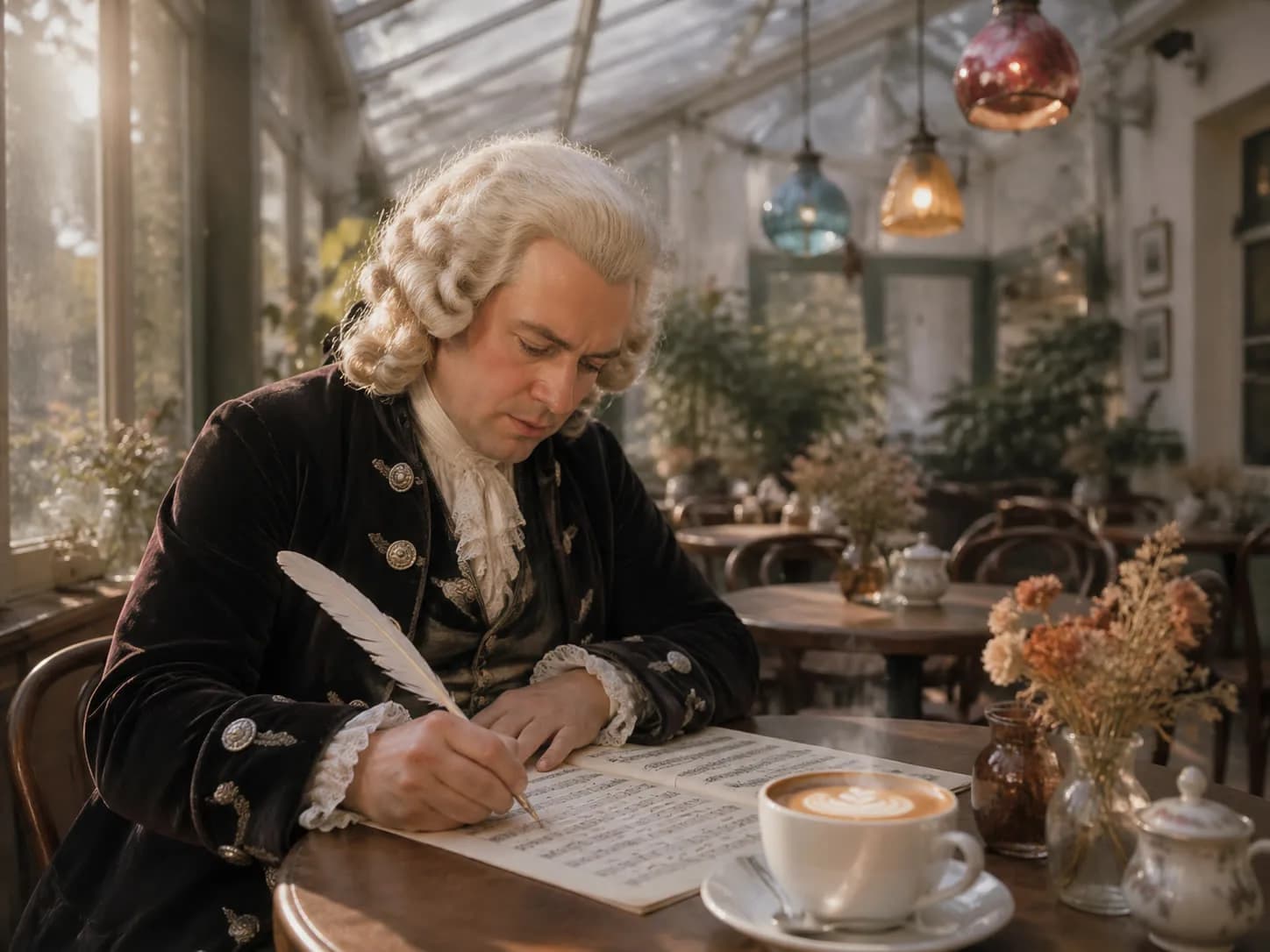 Johann Sebastian Bach als Stammgast im Café Toccata — mit Perücke, Cappuccino und Notenblatt im Wintergarten